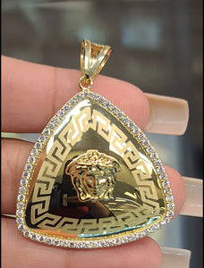 Yellow Gold Triangular Pendant with Medusa Face and CZs