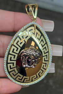 Yellow Gold Oval Pendant With Medusa Face and CZs