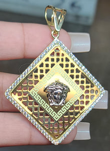 Yellow Gold Greek Square Pendant with Medusa Face and CZs