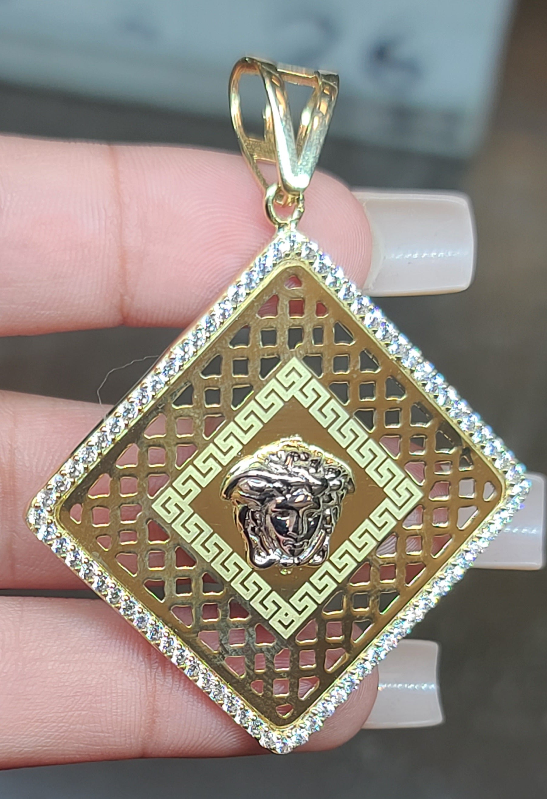 Yellow Gold Greek Square Pendant with Medusa Face and CZs
