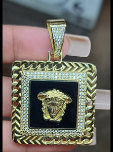 Yellow Gold Square Pendant With Medusa Face and CZs