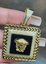 Load image into Gallery viewer, Yellow Gold Square Pendant With Medusa Face and CZs