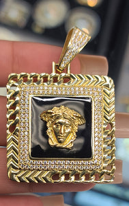Yellow Gold Square Pendant With Medusa Face and CZs