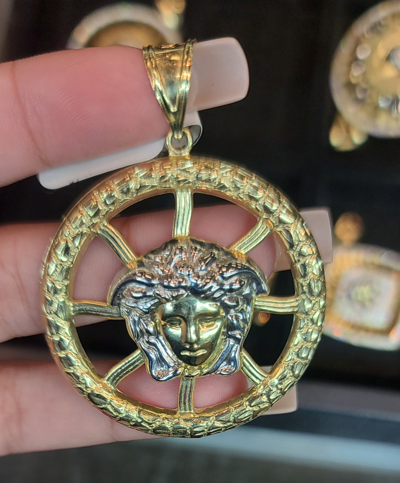 Yellow Gold Circular Greek Pendant with Medusa Face