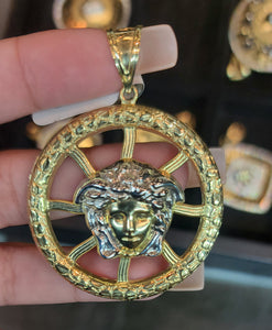 Yellow Gold Circular Greek Pendant with Medusa Face