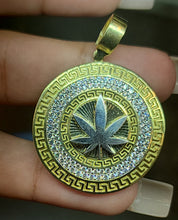 Load image into Gallery viewer, Circular Greek Yellow Gold Hemp Leaf Pendant With CZs