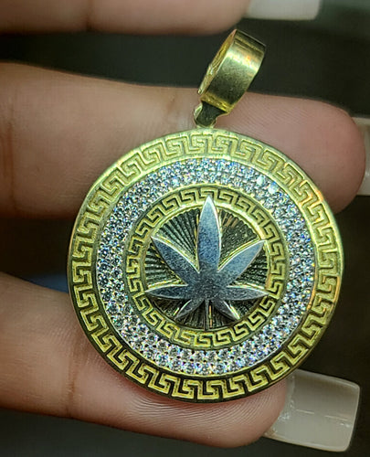 Circular Greek Yellow Gold Hemp Leaf Pendant With CZs