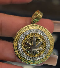 Load image into Gallery viewer, Circular Greek Yellow Gold Hemp Leaf Pendant With CZs