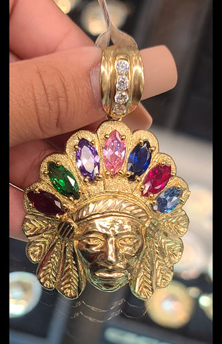 Yellow Gold Native American Face Pendant with Colorful Stones