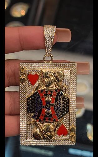 Yellow Gold Queen of Hearts Playing Card Pendant