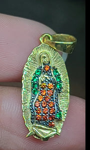 Yellow Gold Virgen De Guadalupe Pendant with Red and Green CZs