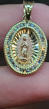 Load image into Gallery viewer, Small Yellow Gold Oval Pendent with The Virgin De Guadalupe and CZs