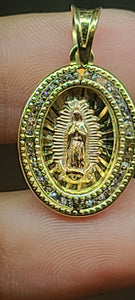 Small Yellow Gold Oval Pendent with The Virgin De Guadalupe and CZs