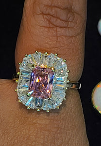 Yellow Gold Square Ring with Pink Stone and Crystal CZs
