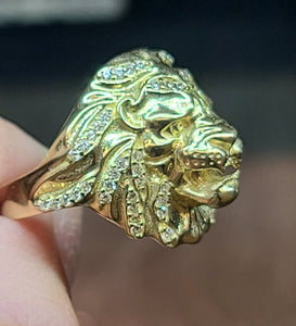 Yellow Gold Lion Ring With CZs