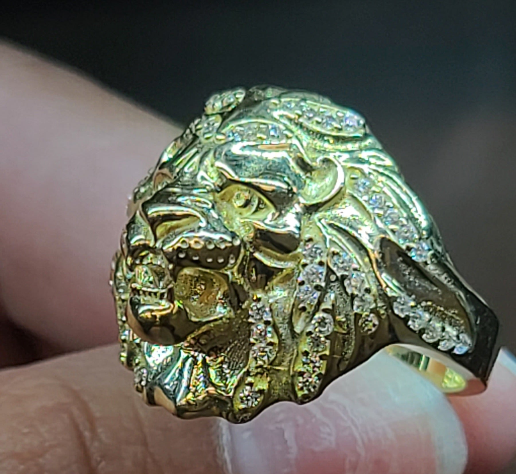 Yellow Gold Lion Ring With CZs
