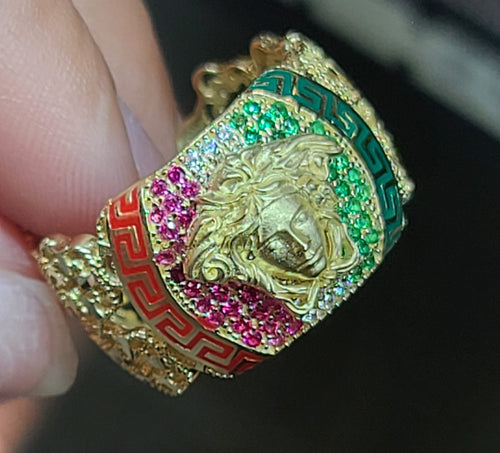 Yellow Gold Ring With Medusa Face and CZS