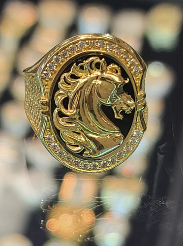 Yellow Gold Oval Shaped Ring with Horse and CZs