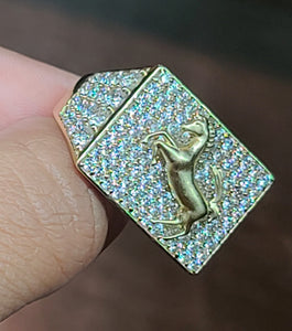 Yellow Gold Rectangle Ring with Horse and CZs