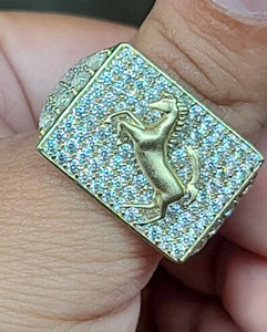 Yellow Gold Rectangle Ring with Horse and CZs
