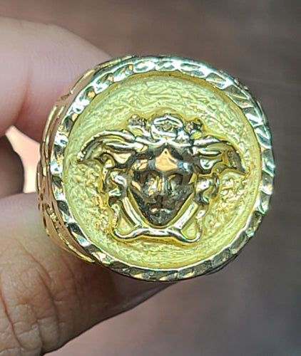 Yellow Gold Textured Ring with Medusa Face