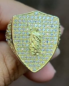 Yellow Gold Shield Shaped Ring with San Judith and CZs
