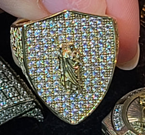 Yellow Gold Shield Shaped Ring with San Judith and CZs