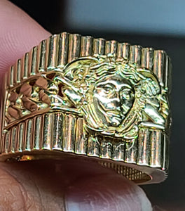 Yellow Gold Square Shaped Ring with Texture and Medusa Face