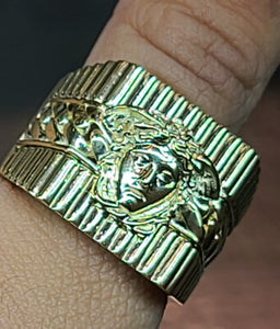 Yellow Gold Square Shaped Ring with Texture and Medusa Face