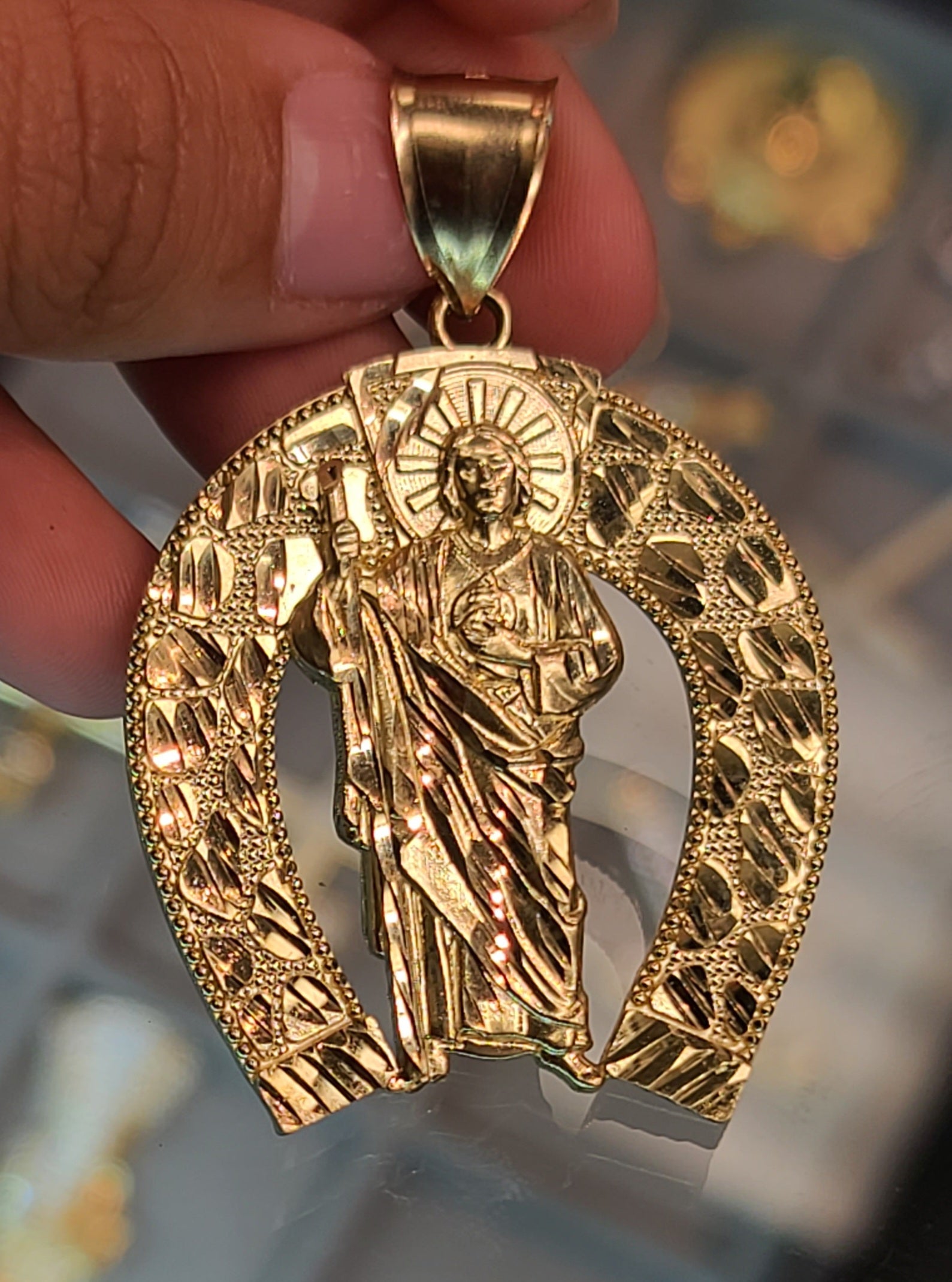 Yellow Gold Horseshoe Shaped Pendant with San Judas