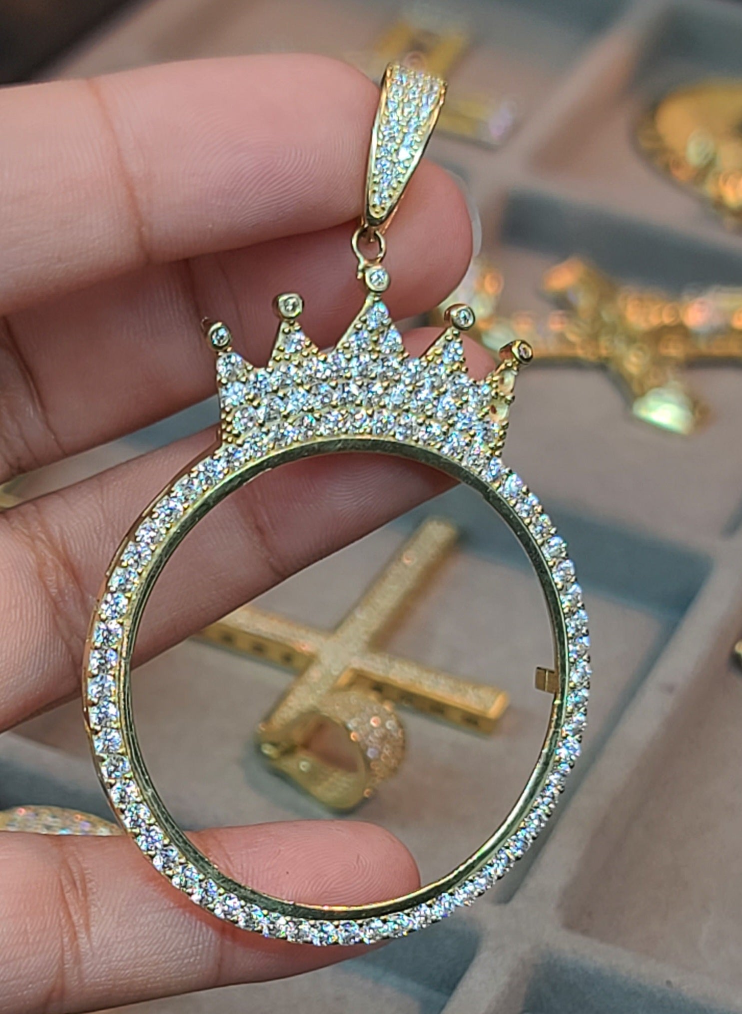 Yellow Gold Circular Pendant with Crown and CZs