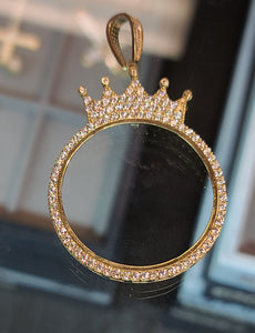 Yellow Gold Circular Pendant with Crown and CZs