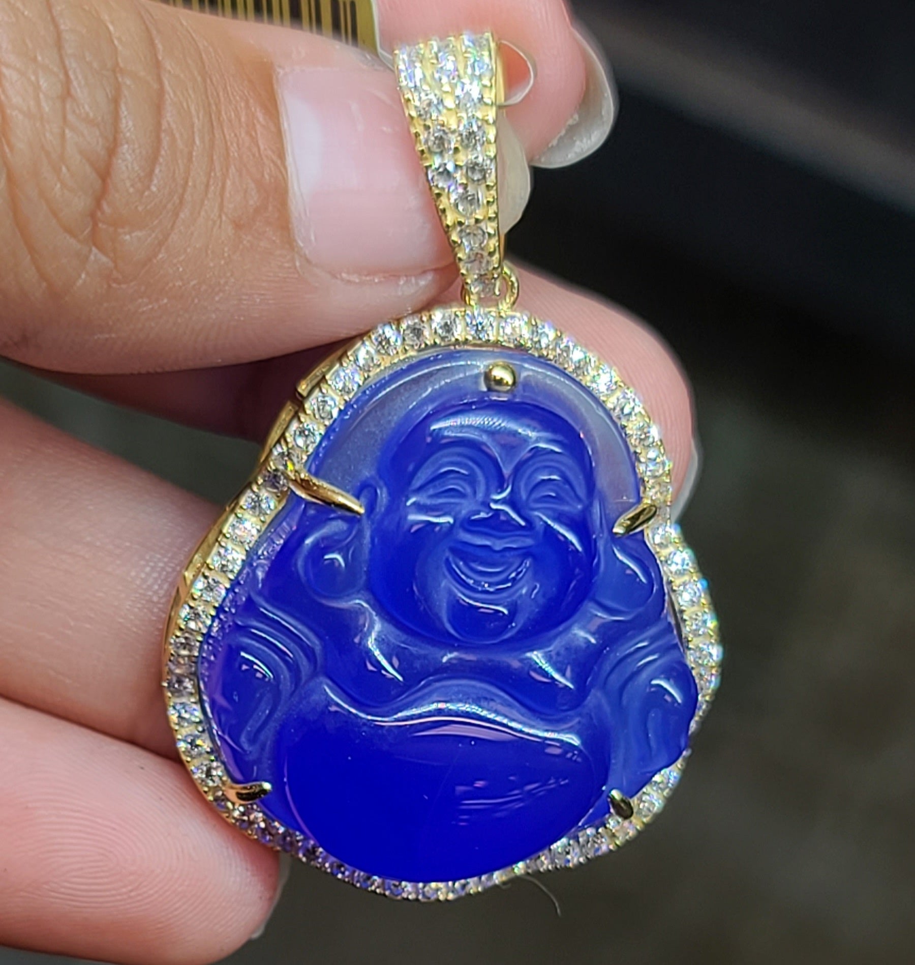 Yellow Gold Blue Buddhist Pendant with CZs