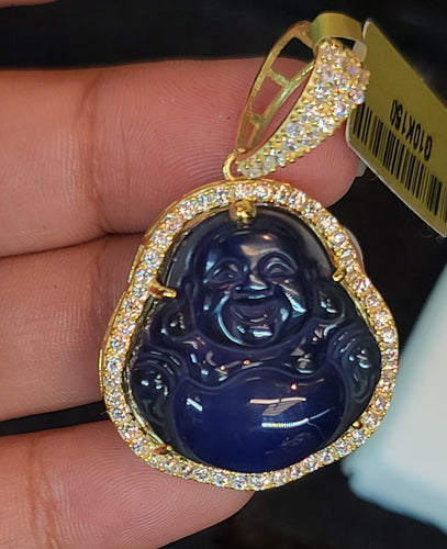 Yellow Gold Dark Blue Buddhist Pendant with CZs