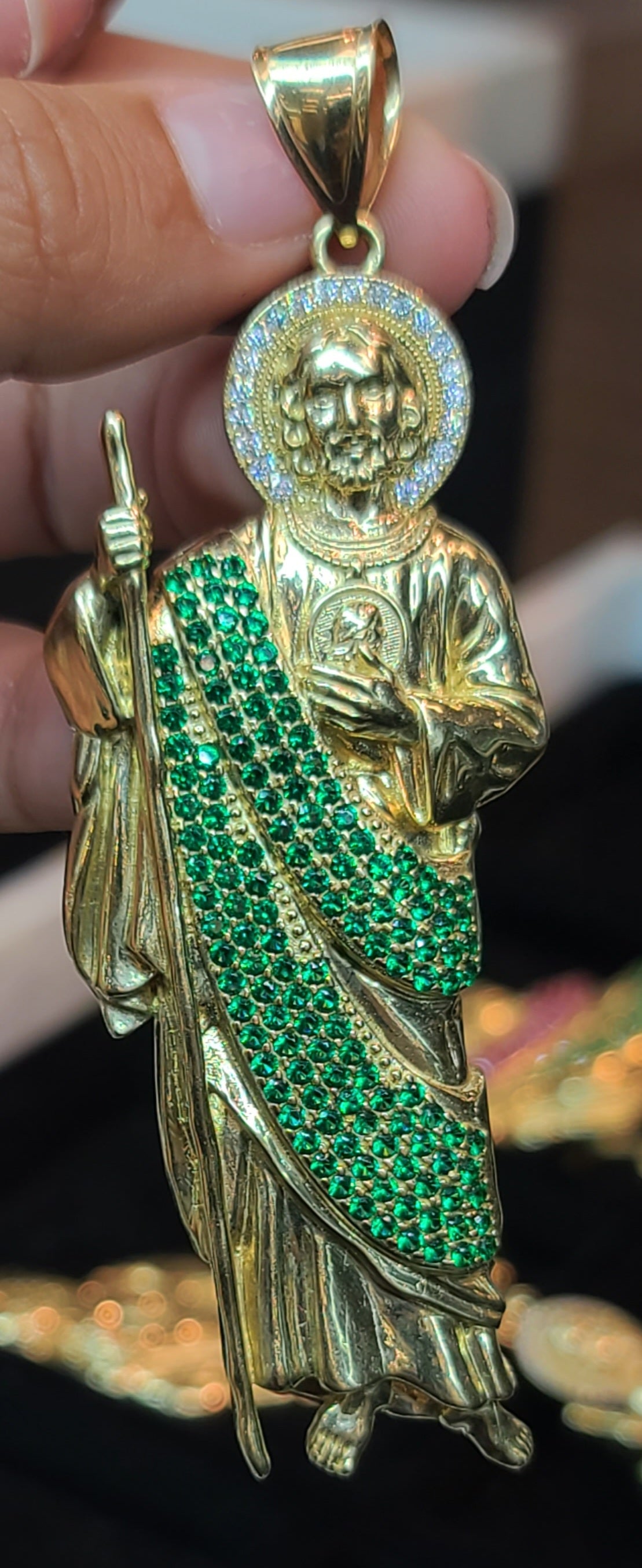 Yellow Gold St. Judas Pendant with Green CZs