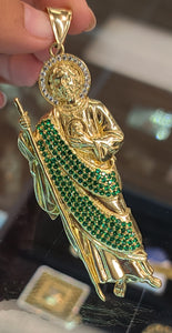 Yellow Gold St. Judas Pendant with Green CZs