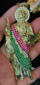 Yellow Gold St. Jude Pendant with Red and Green CZs