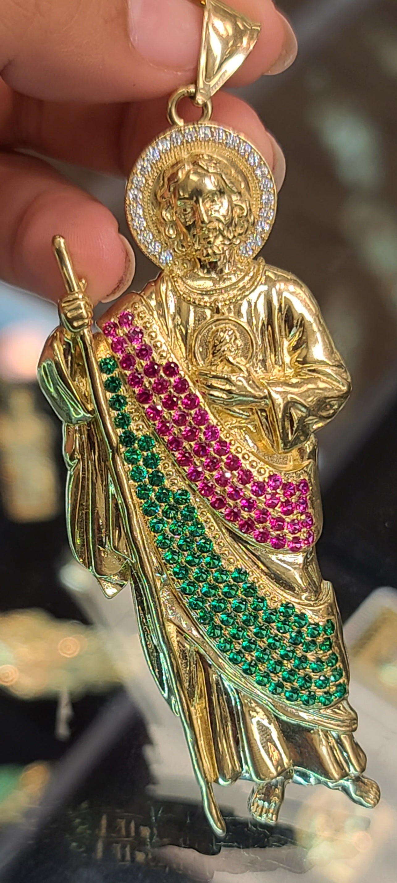 Yellow Gold St. Jude Pendant with Red and Green CZs