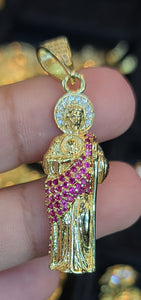 Small Yellow Gold 3D St. Jude Pendant with Red CZs