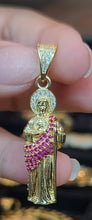Load image into Gallery viewer, Small Yellow Gold 3D St. Jude Pendant with Red CZs