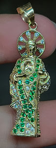 Small Yellow Gold 3D St. Jude Pendant with White and Green CZs