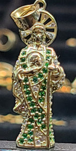 Small Yellow Gold 3D St. Jude Pendant with White and Green CZs