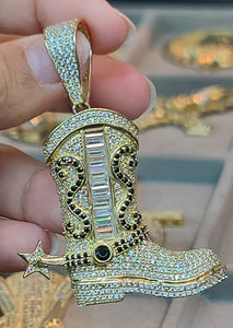 Yellow Gold 3D Cowboy Boot Pendant with CZs