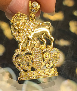 Yellow Gold Lion On Crown Pendant with CZs