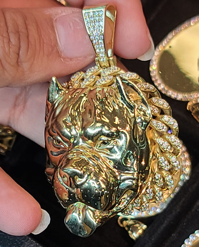 Yellow Gold Bulldog Face Pendant with CZs