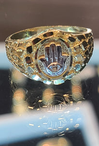 Yellow Gold Circular Ring With Hamsa Hand and Texture