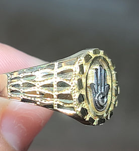 Yellow Gold Circular Ring With Hamsa Hand and Texture