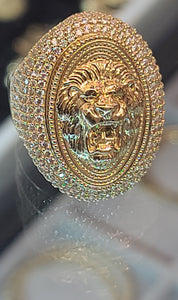 Yellow Gold Oval Shaped Ring With Lion and CZs