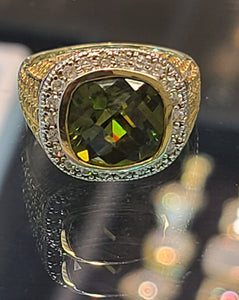 Yellow Gold Circular Ring With Green Stone and CZs