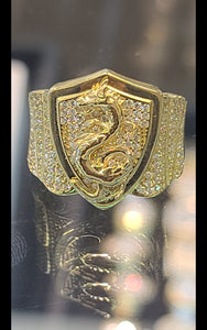 Yellow Gold Snake on Shield Ring with CZs